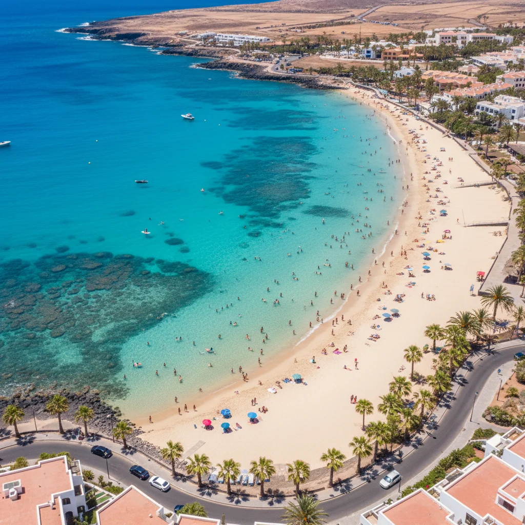 Vue aérienne des plages de Lanzarote en été, eau turquoise et touristes