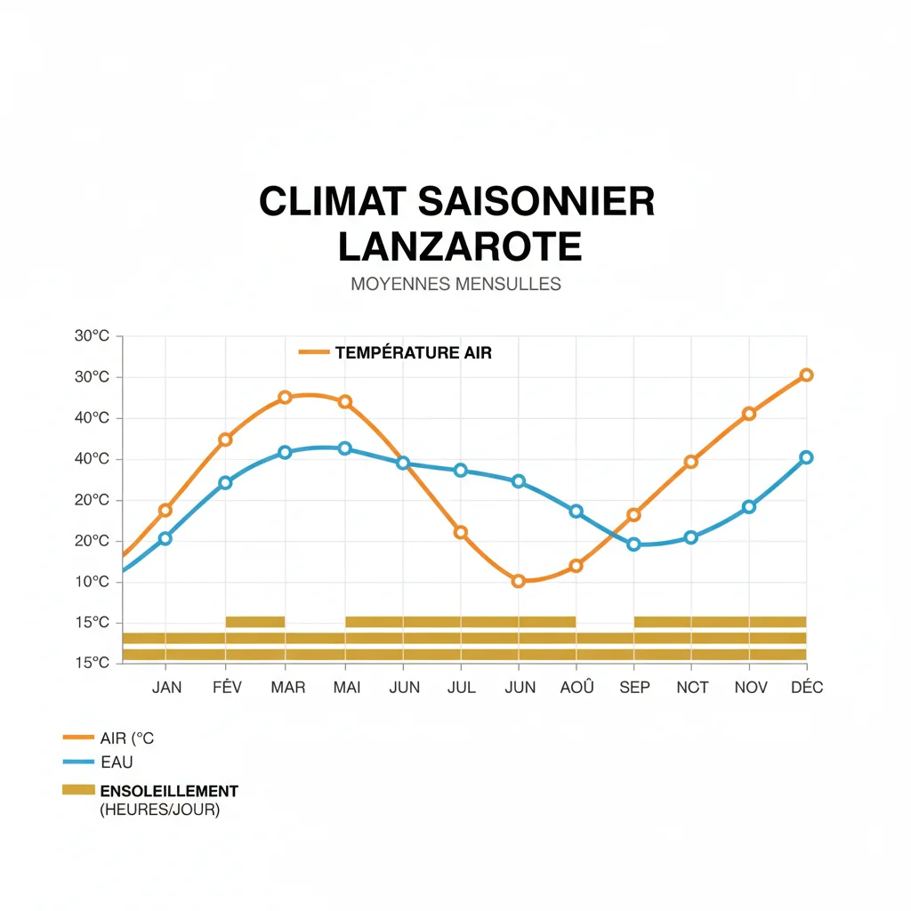 Infographie des saisons à Lanzarote - températures et ensoleillement par mois