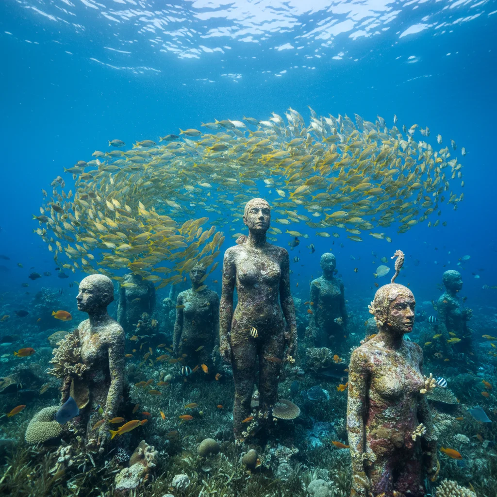Groupe de sculptures humaines du Museo Atlántico de Lanzarote entourées de coraux et d'un hippocampe