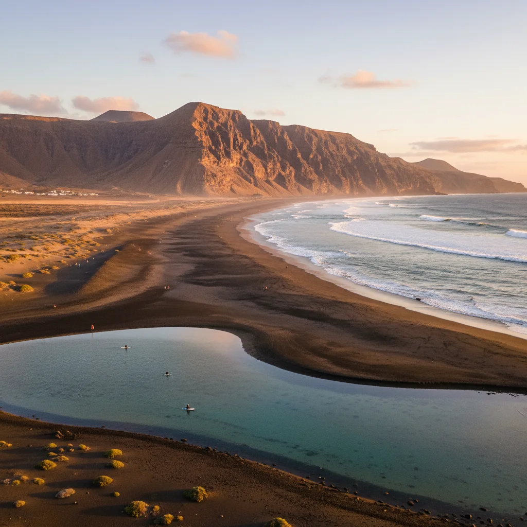 Plage de Famara à Lanzarote avec vagues de surf et lagune, paysage volcanique sauvage