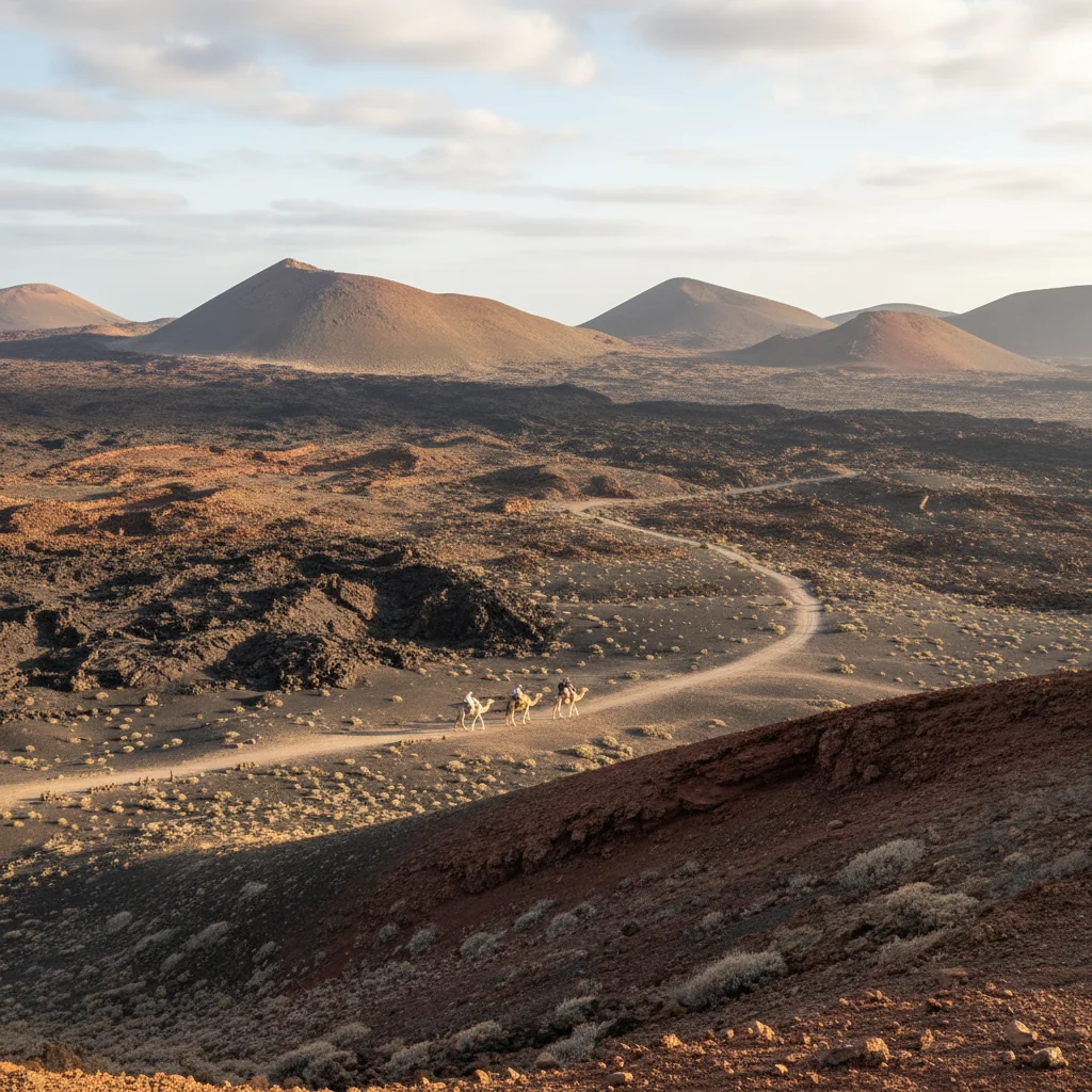 Paysage volcanique du parc national de Timanfaya à Lanzarote, touristes à dos de chameau